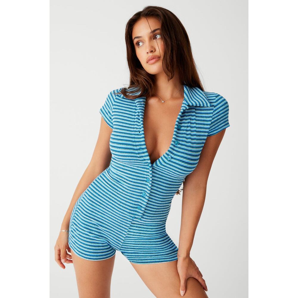 Frankies Bikinis Blue Stripe Rose Terry Mini Romper Size Small